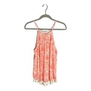 Collective Concepts Pink and White Paisley Print Sleeveless Top Tasseled Hem Lg